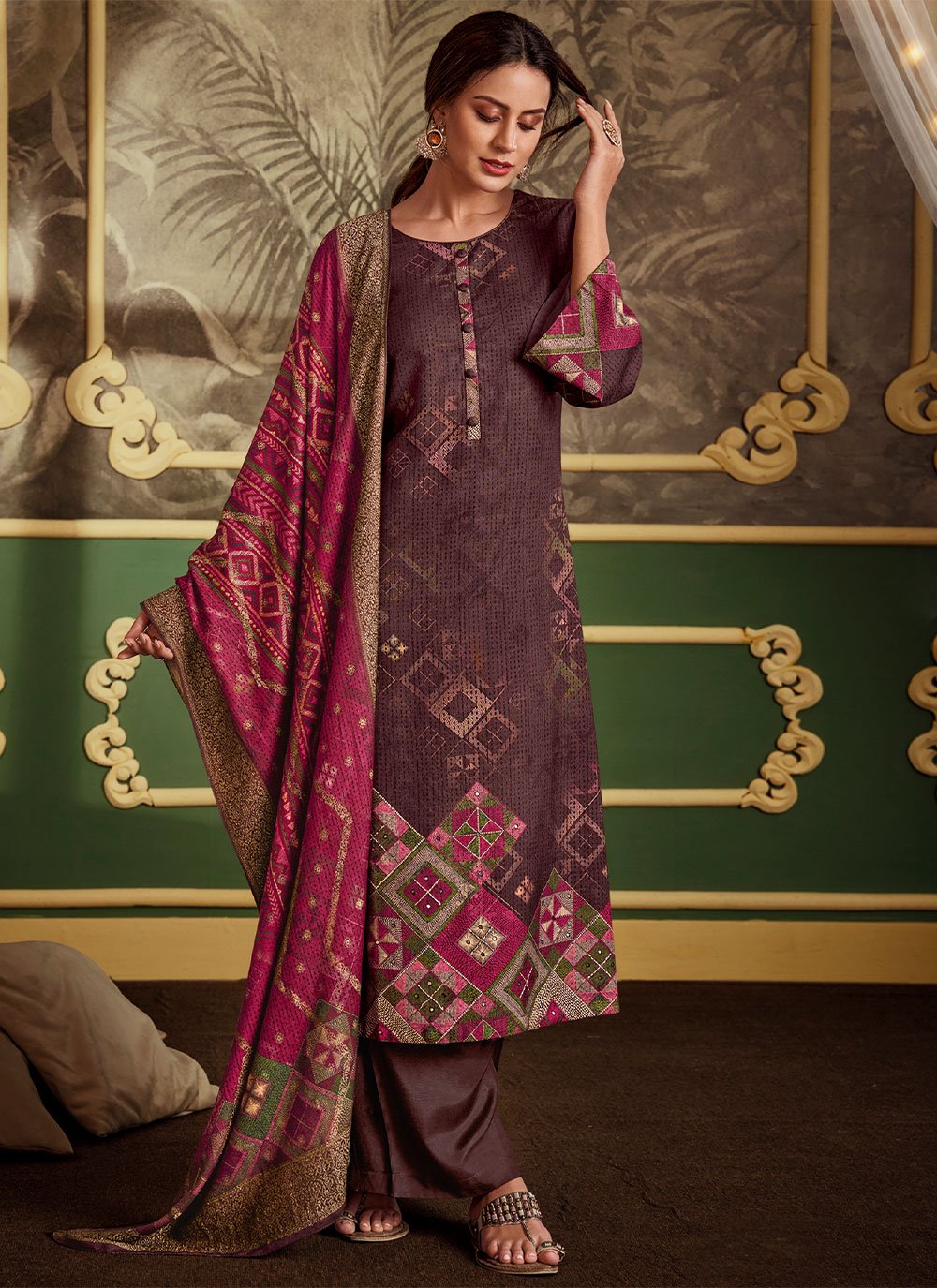 Salwar Suit Pashmina Brown Digital Print Salwar Kameez