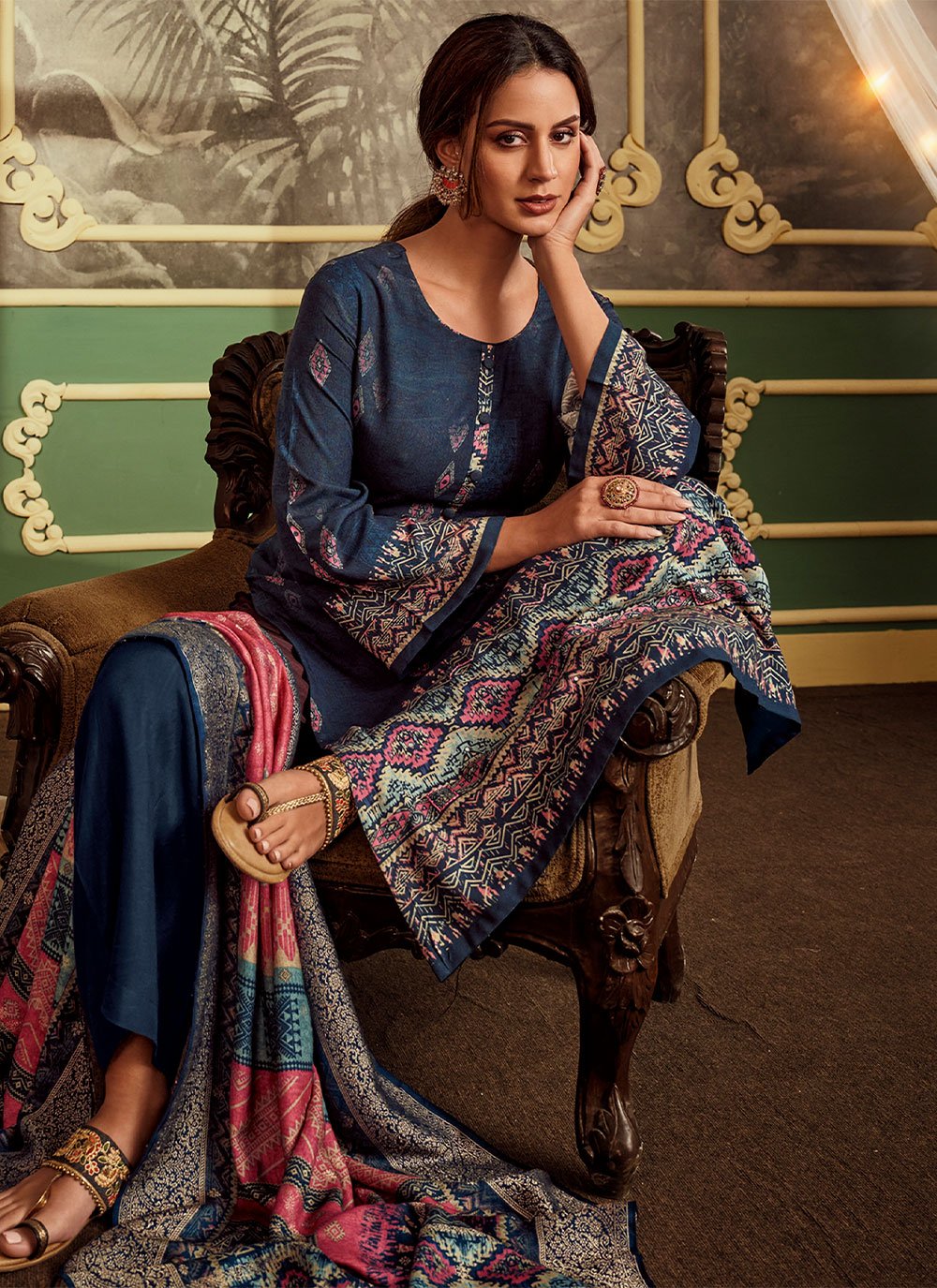 Palazzo Salwar Suit Pashmina Blue Digital Print Salwar Kameez