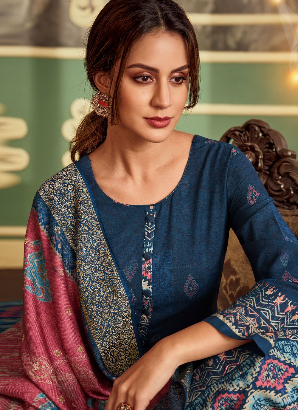 Palazzo Salwar Suit Pashmina Blue Digital Print Salwar Kameez