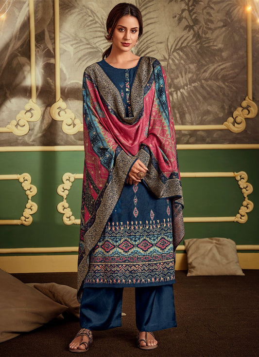 Palazzo Salwar Suit Pashmina Blue Digital Print Salwar Kameez