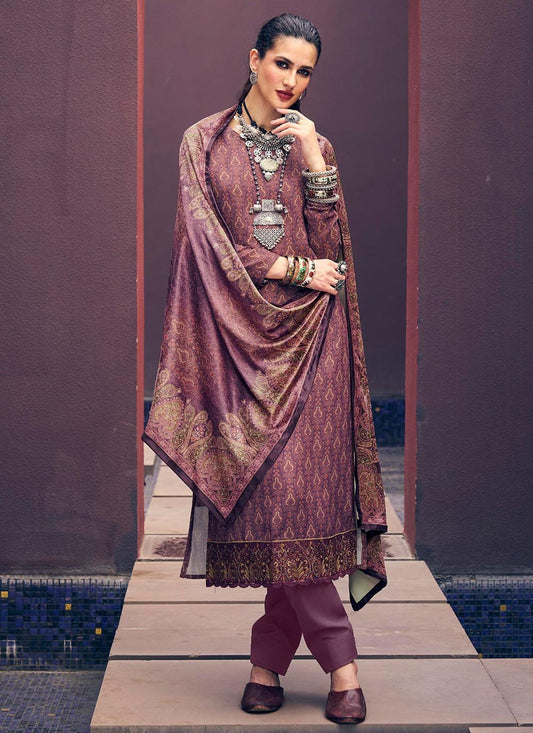 Pant Style Suit Pashmina Purple Digital Print Salwar Kameez