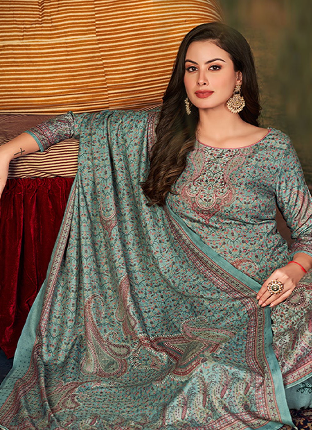 Salwar Suit Pashmina Blue Digital Print Salwar Kameez