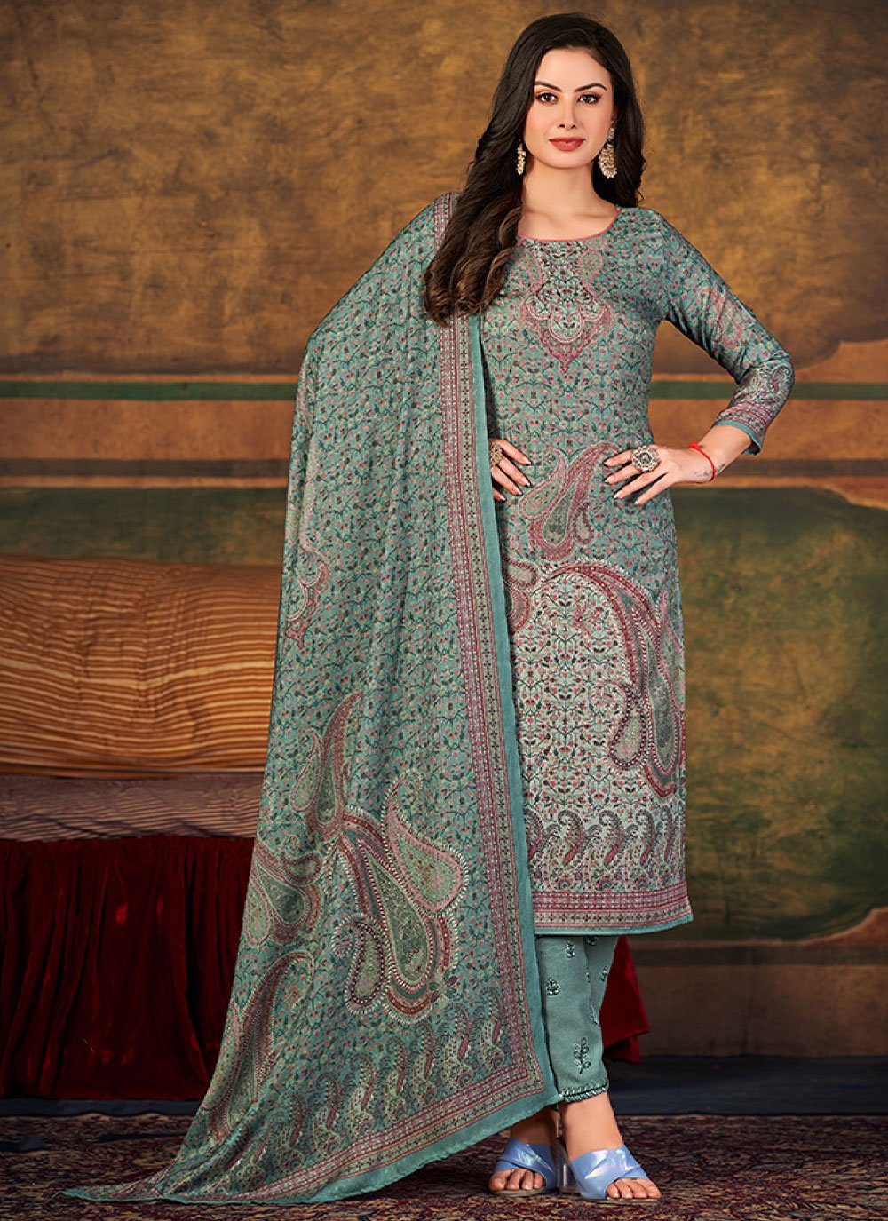 Salwar Suit Pashmina Blue Digital Print Salwar Kameez