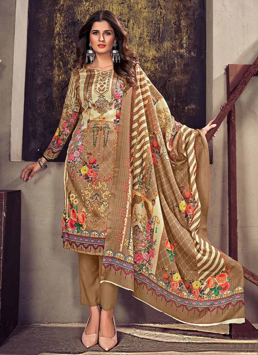 Salwar Suit Pashmina Brown Digital Print Salwar Kameez