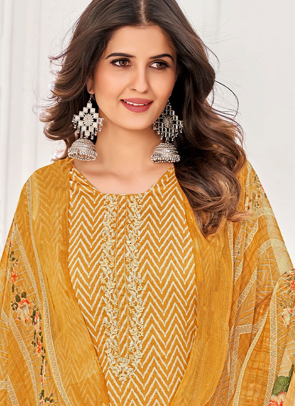 Churidar Suit Pashmina Mustard Embroidered Salwar Kameez