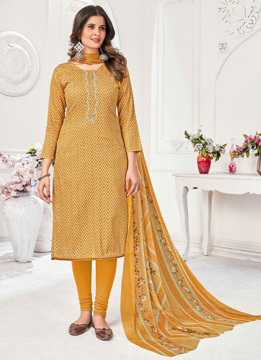 Churidar Suit Pashmina Mustard Embroidered Salwar Kameez