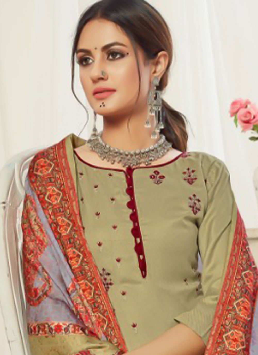 Trendy Suit Pashmina Green Embroidered Salwar Kameez