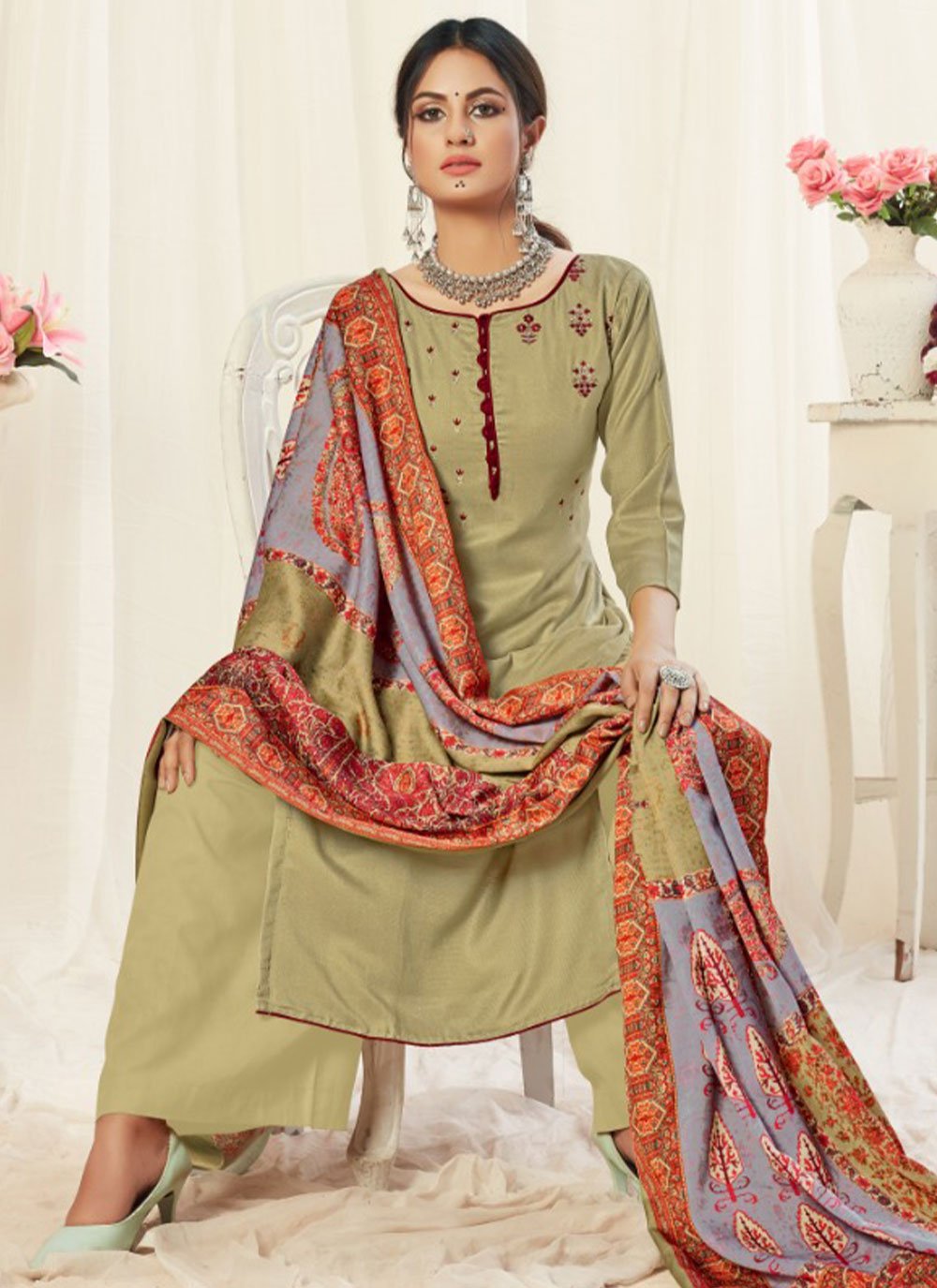 Trendy Suit Pashmina Green Embroidered Salwar Kameez