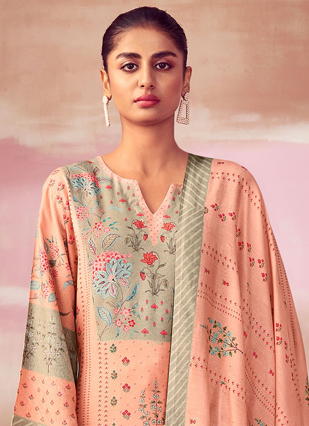 Palazzo Salwar Suit Pashmina Peach Digital Print Salwar Kameez