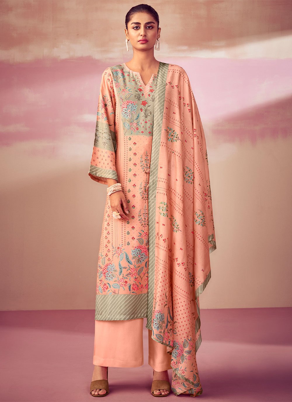 Palazzo Salwar Suit Pashmina Peach Digital Print Salwar Kameez