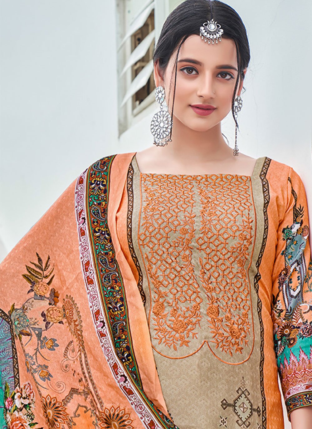 Salwar Suit Pashmina Orange Digital Print Salwar Kameez