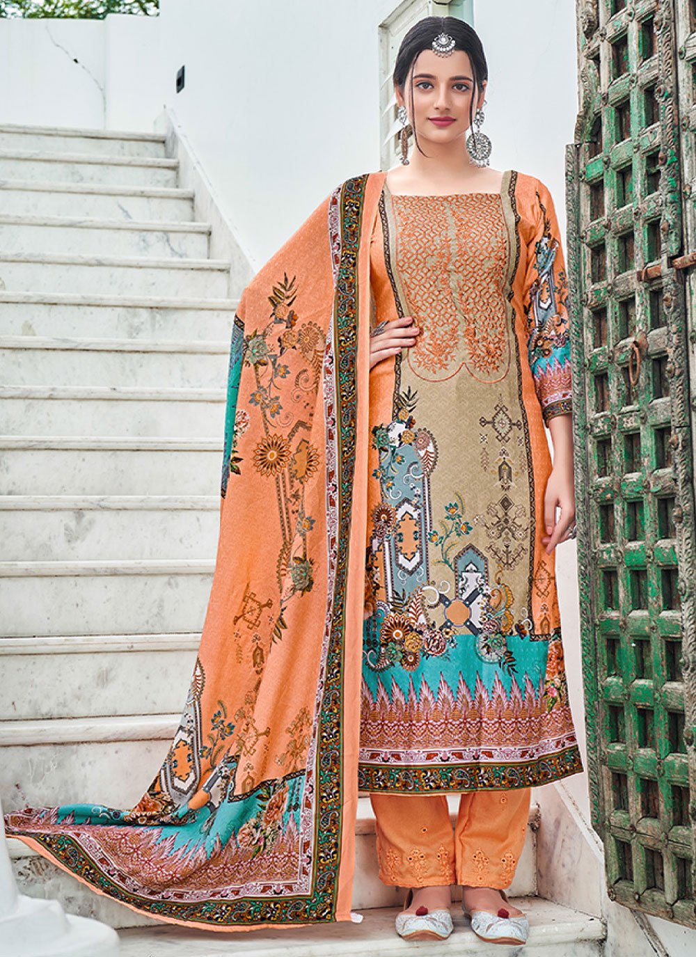 Salwar Suit Pashmina Orange Digital Print Salwar Kameez