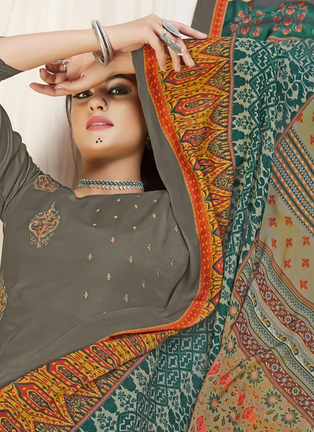 Straight Salwar Suit Pashmina Grey Embroidered Salwar Kameez