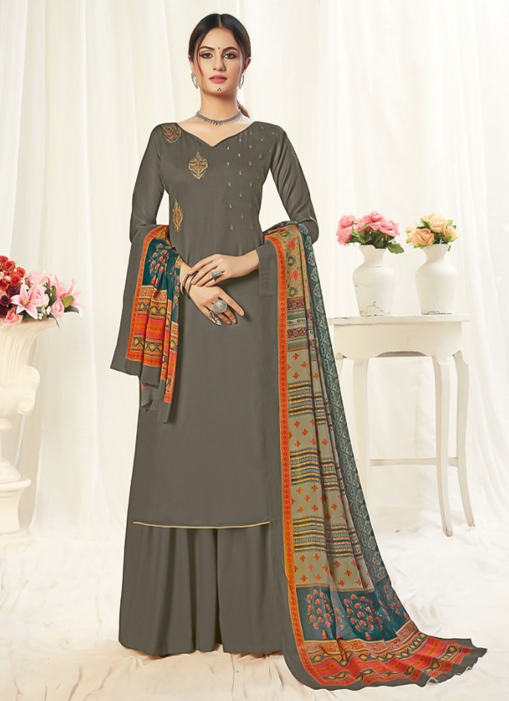 Straight Salwar Suit Pashmina Grey Embroidered Salwar Kameez