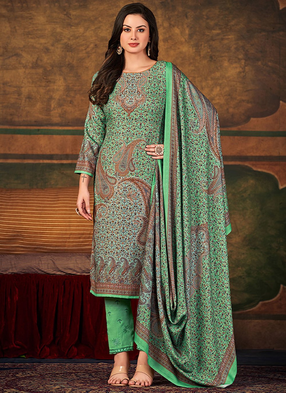 Salwar Suit Pashmina Green Digital Print Salwar Kameez