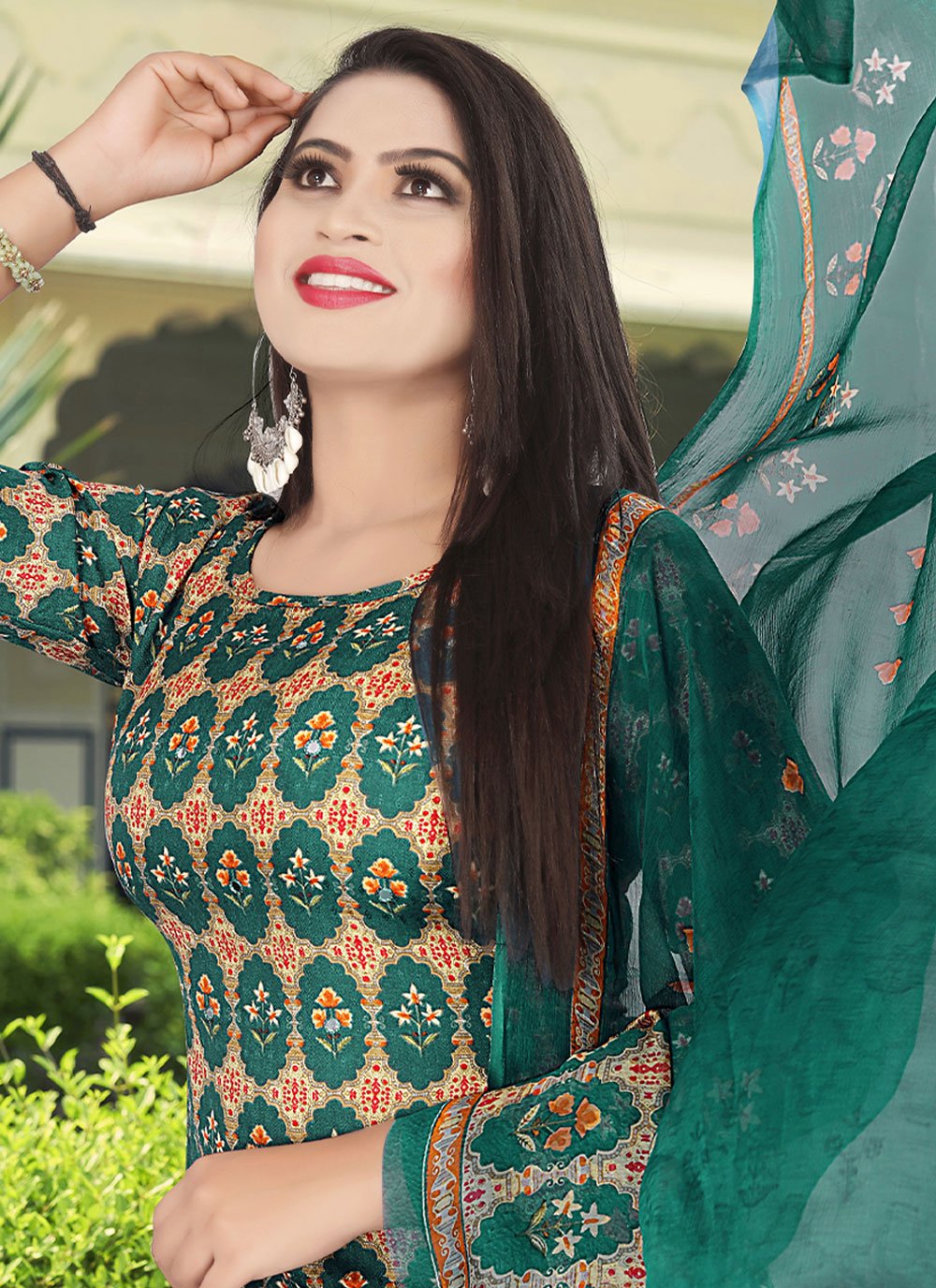 Punjabi Salwar Suit Pashmina Green Print Salwar Kameez