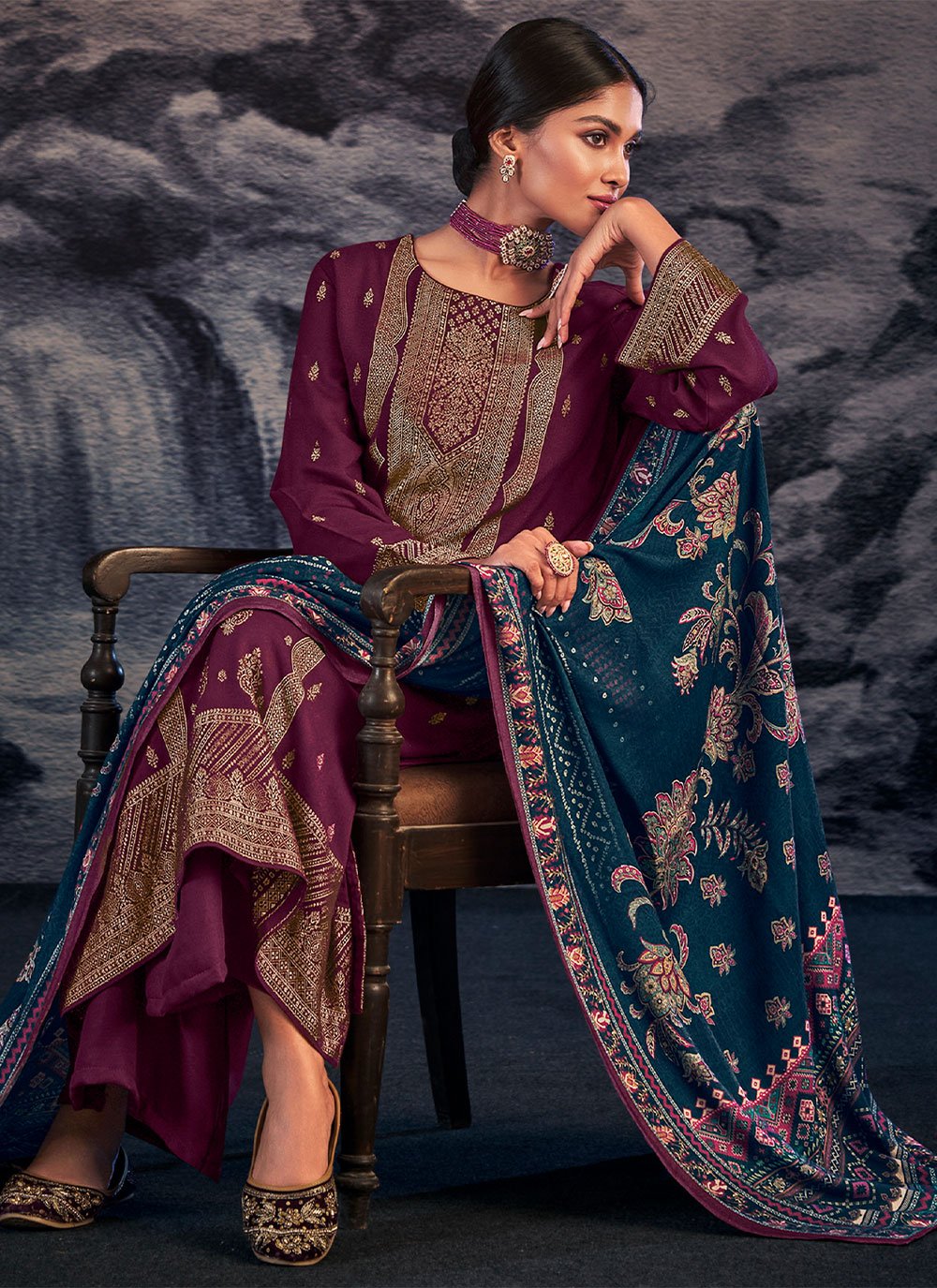 Palazzo Salwar Suit Pashmina Wine Jacquard Work Salwar Kameez