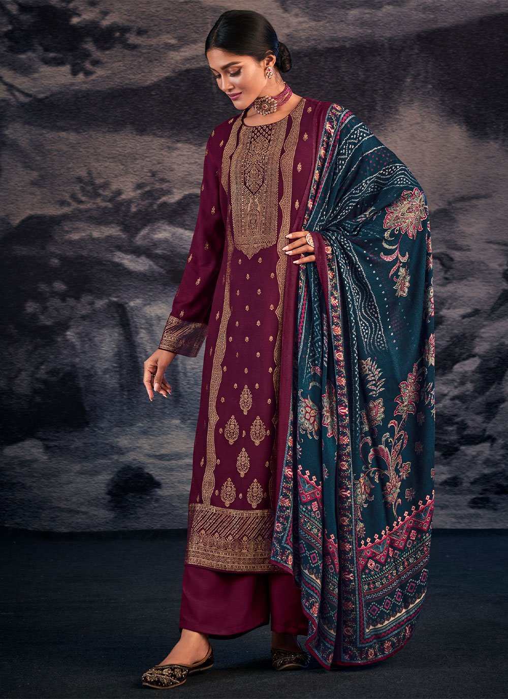 Palazzo Salwar Suit Pashmina Wine Jacquard Work Salwar Kameez