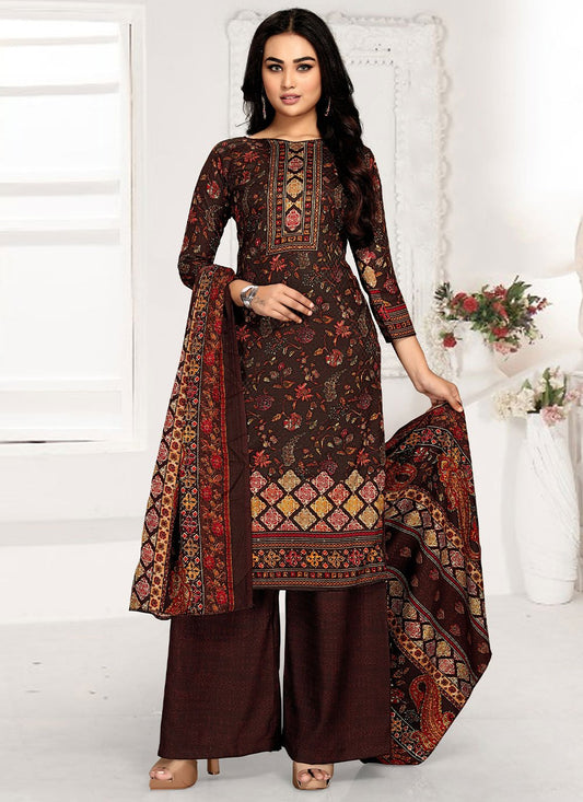 Palazzo Salwar Suit Pashmina Maroon Print Salwar Kameez