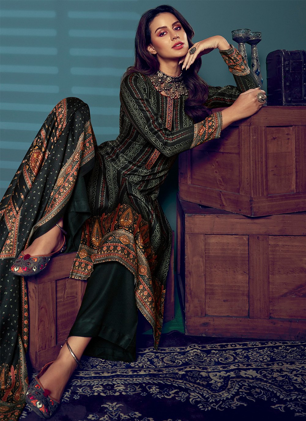 Palazzo Salwar Suit Pashmina Black Digital Print Salwar Kameez