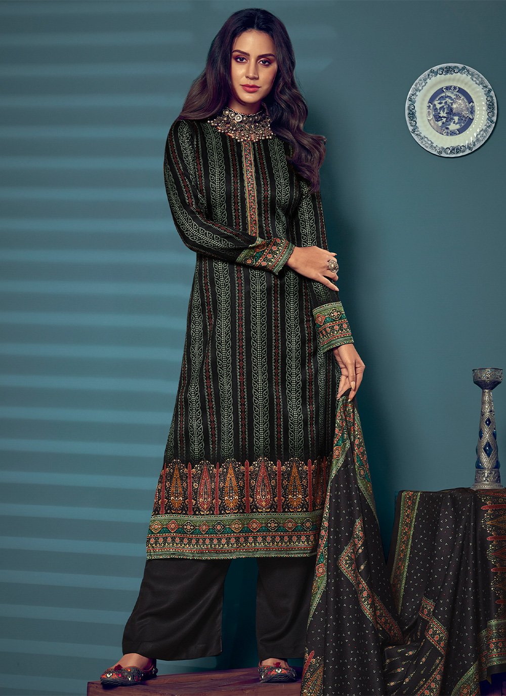 Palazzo Salwar Suit Pashmina Black Digital Print Salwar Kameez