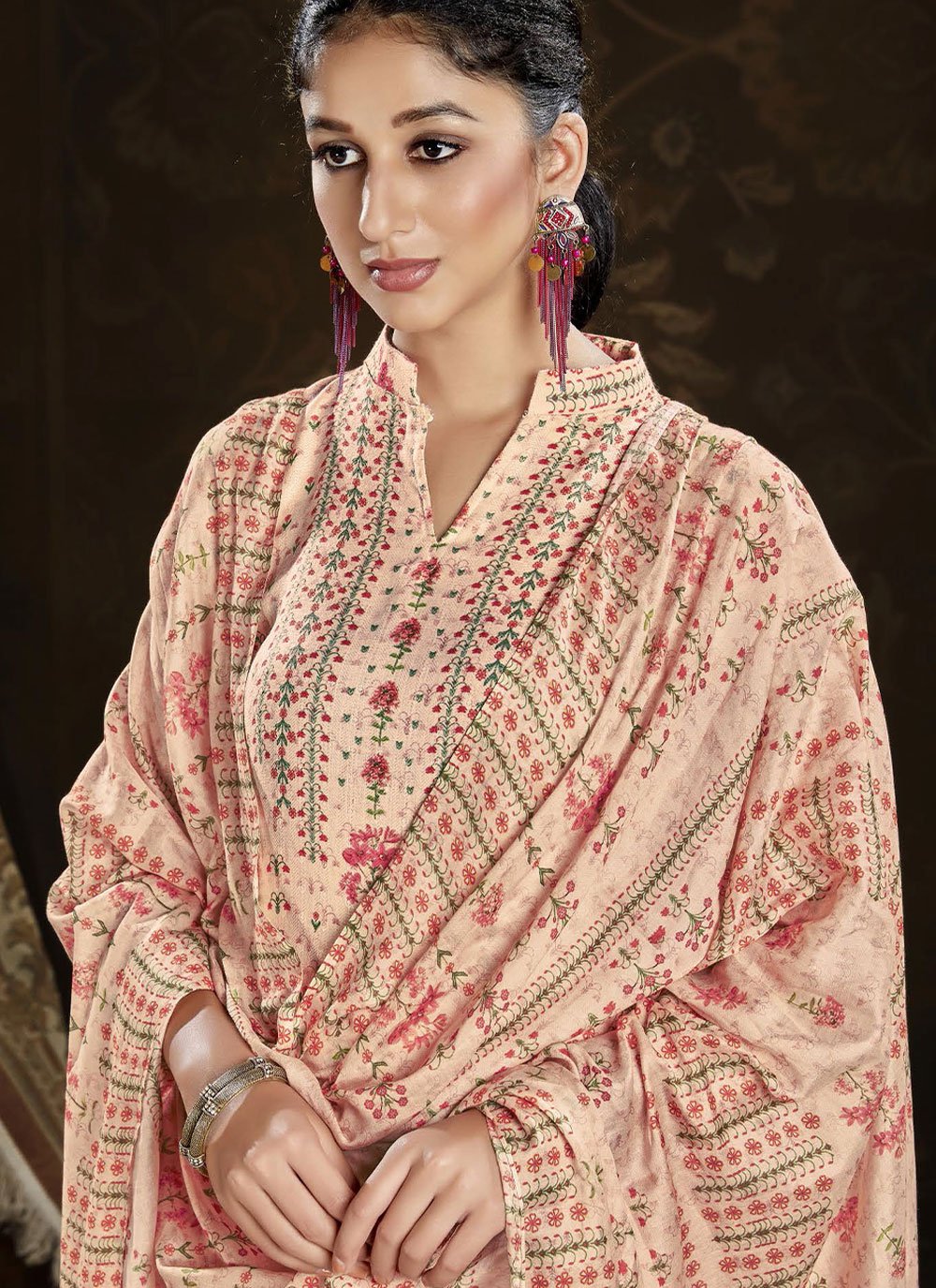 Palazzo Salwar Suit Pashmina Peach Print Salwar Kameez