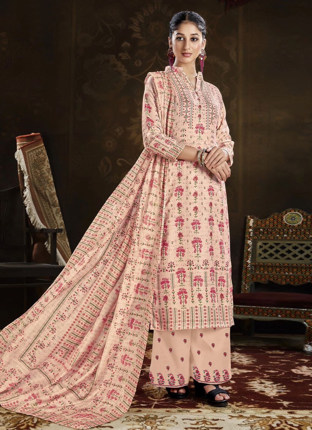 Palazzo Salwar Suit Pashmina Peach Print Salwar Kameez