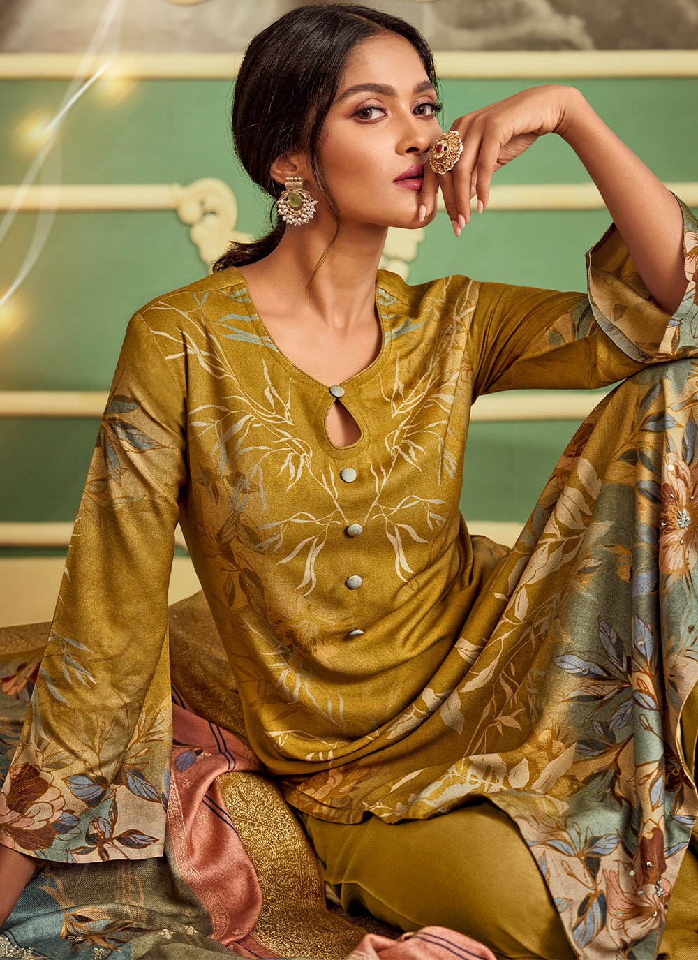 Palazzo Salwar Suit Pashmina Mustard Digital Print Salwar Kameez