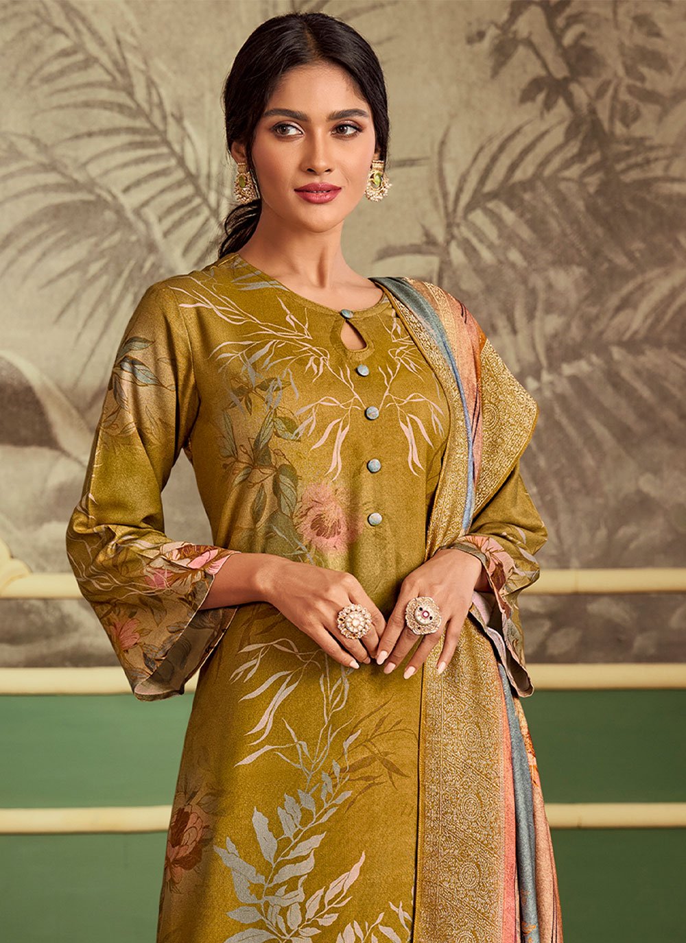 Palazzo Salwar Suit Pashmina Mustard Digital Print Salwar Kameez