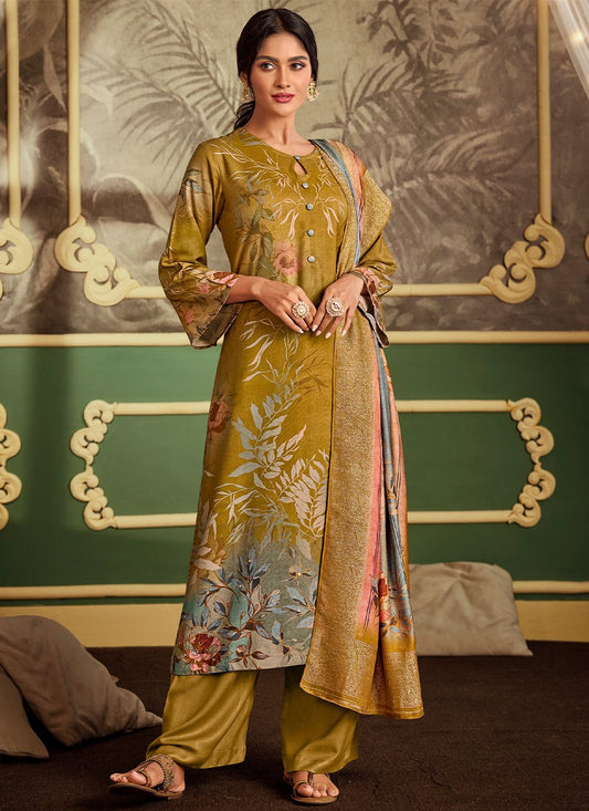 Palazzo Salwar Suit Pashmina Mustard Digital Print Salwar Kameez