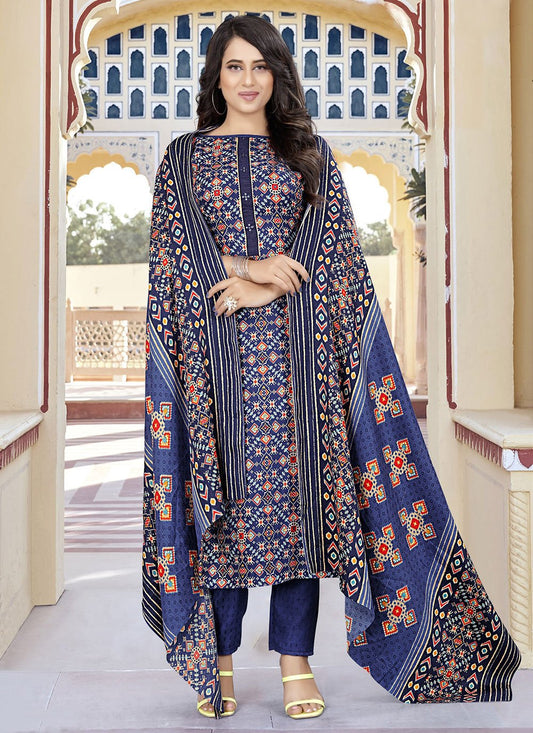 Pant Style Suit Pashmina Blue Print Salwar Kameez