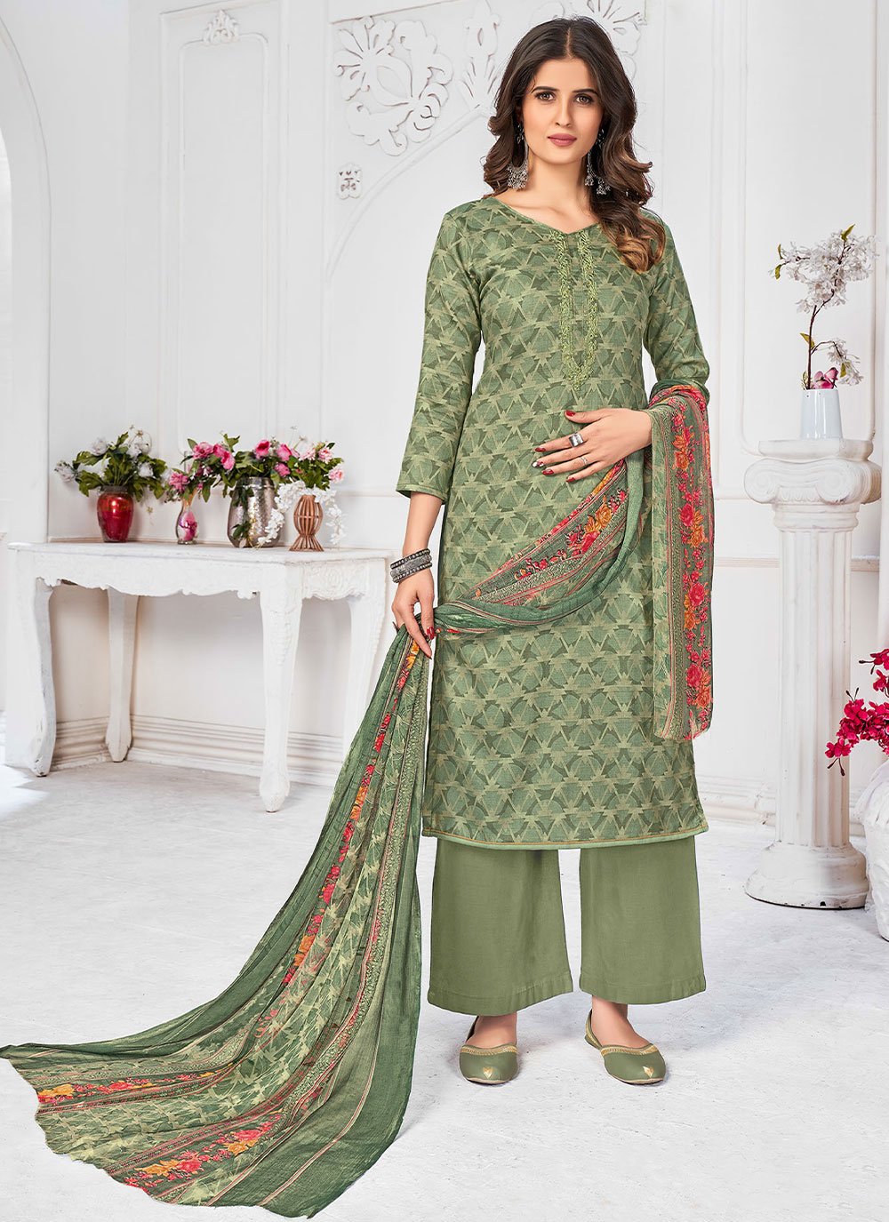 Salwar Suit Pashmina Green Embroidered Salwar Kameez