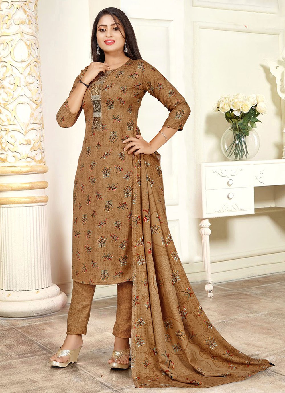Straight Salwar Suit Pashmina Brown Hand Work Salwar Kameez