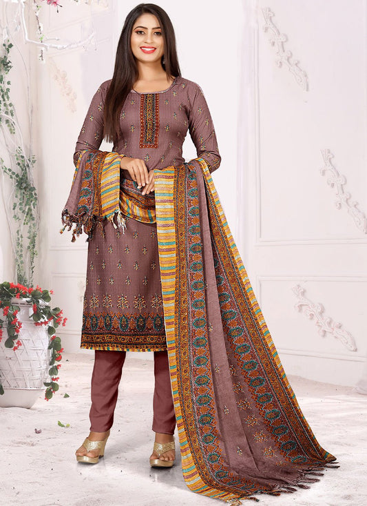 Straight Salwar Suit Pashmina Wine Hand Work Salwar Kameez