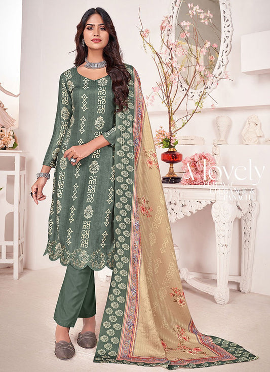 Salwar Suit Pashmina Green Digital Print Salwar Kameez