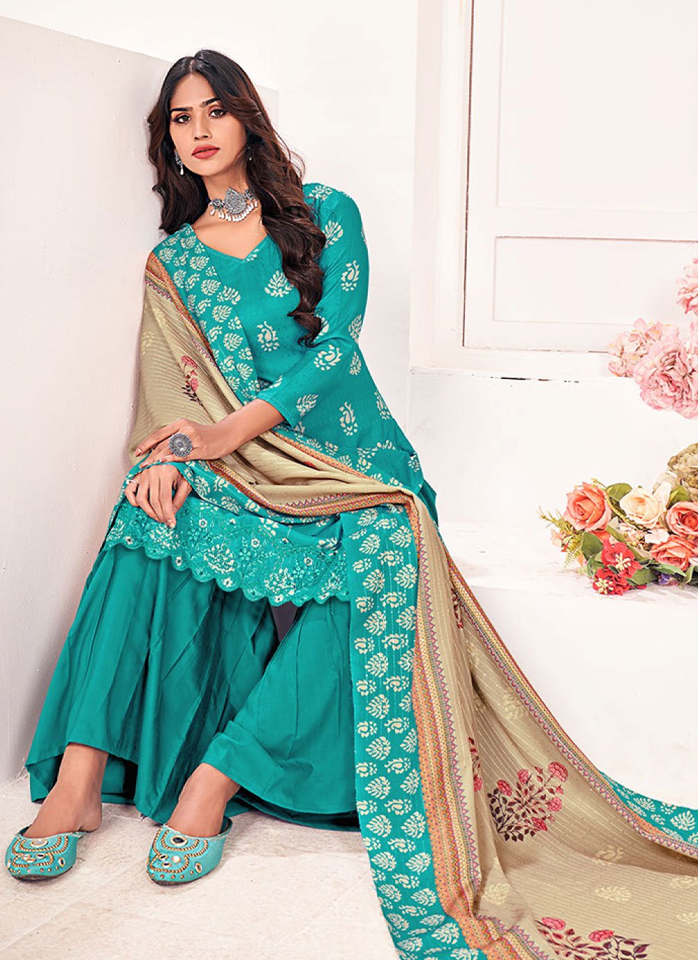 Salwar Suit Pashmina Turquoise Digital Print Salwar Kameez