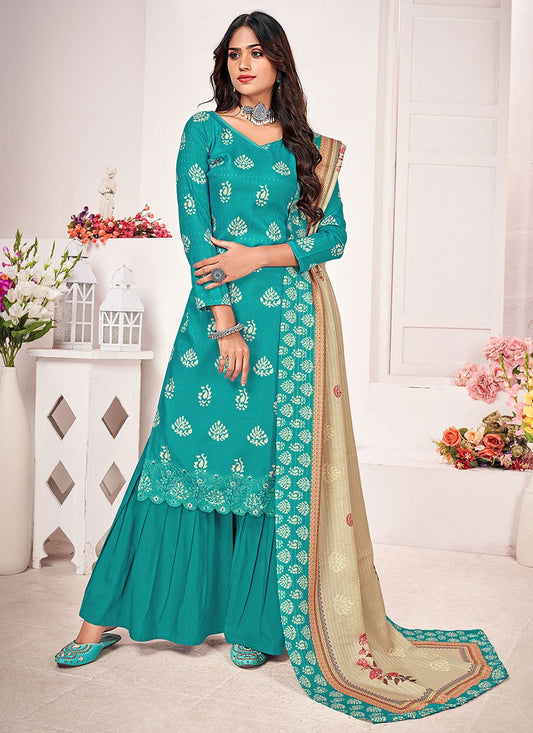 Salwar Suit Pashmina Turquoise Digital Print Salwar Kameez