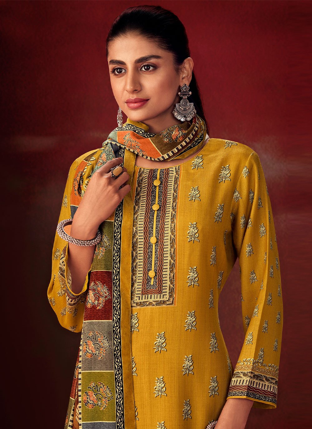 Palazzo Salwar Suit Pashmina Yellow Digital Print Salwar Kameez