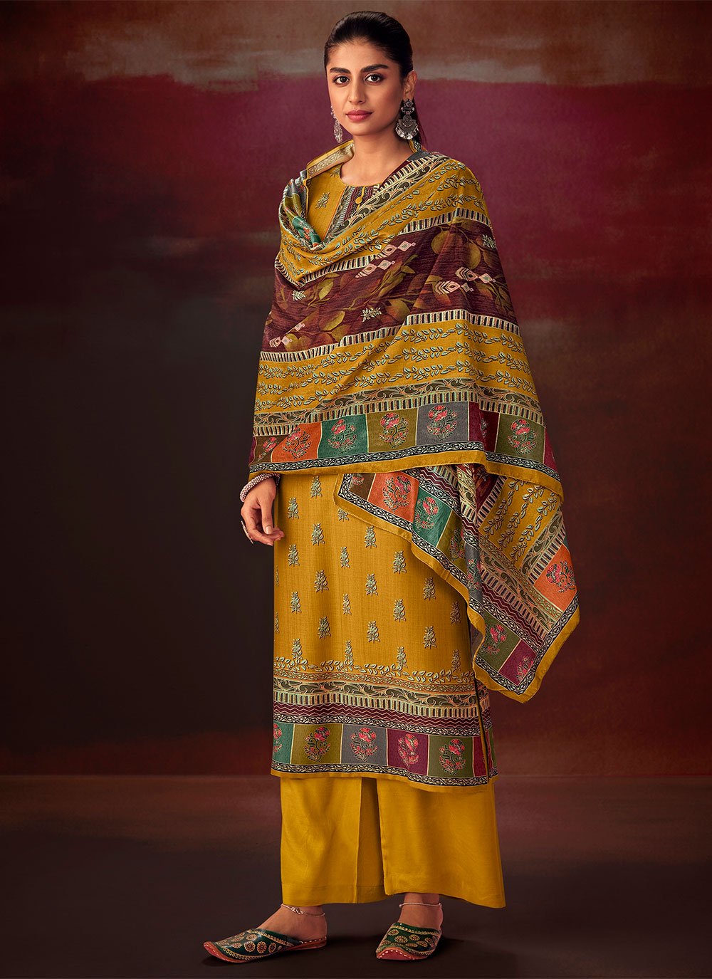 Palazzo Salwar Suit Pashmina Yellow Digital Print Salwar Kameez