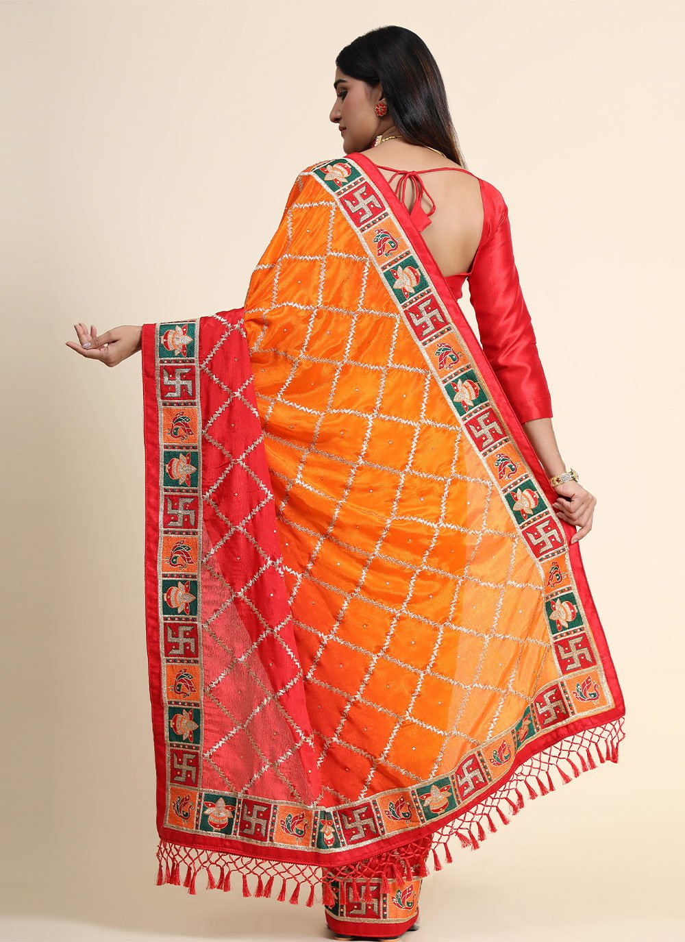 Designer Silk Orange Red Patch Border Saree