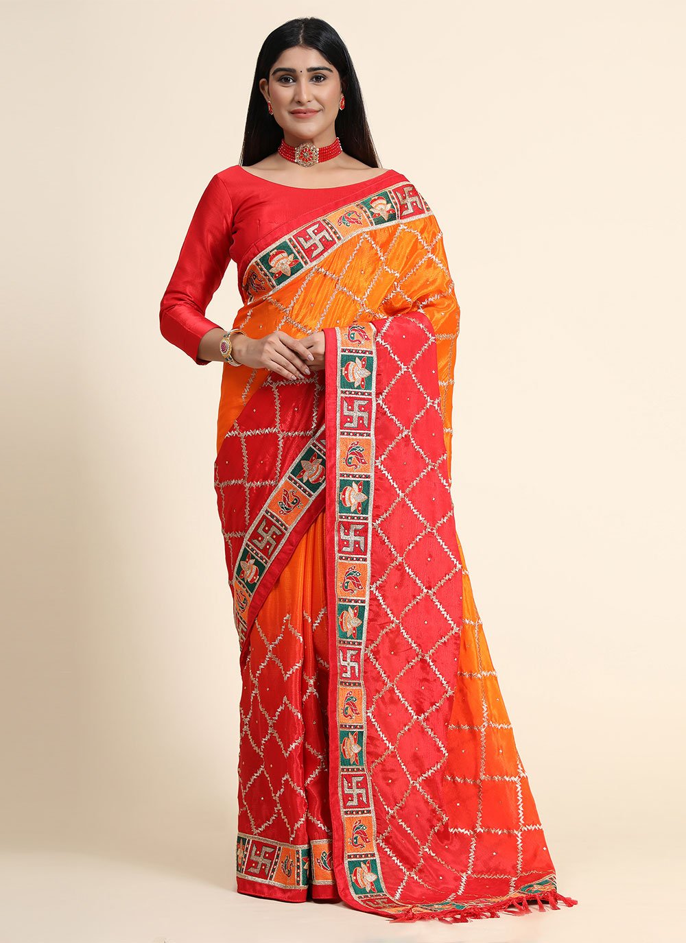 Designer Silk Orange Red Patch Border Saree