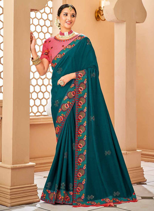 Trendy Saree Silk Teal Patch Border Saree