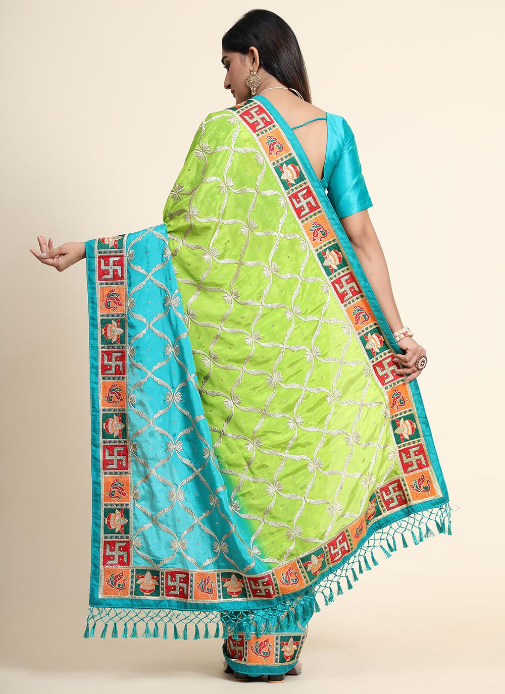 Trendy Saree Silk Blue Green Patch Border Saree