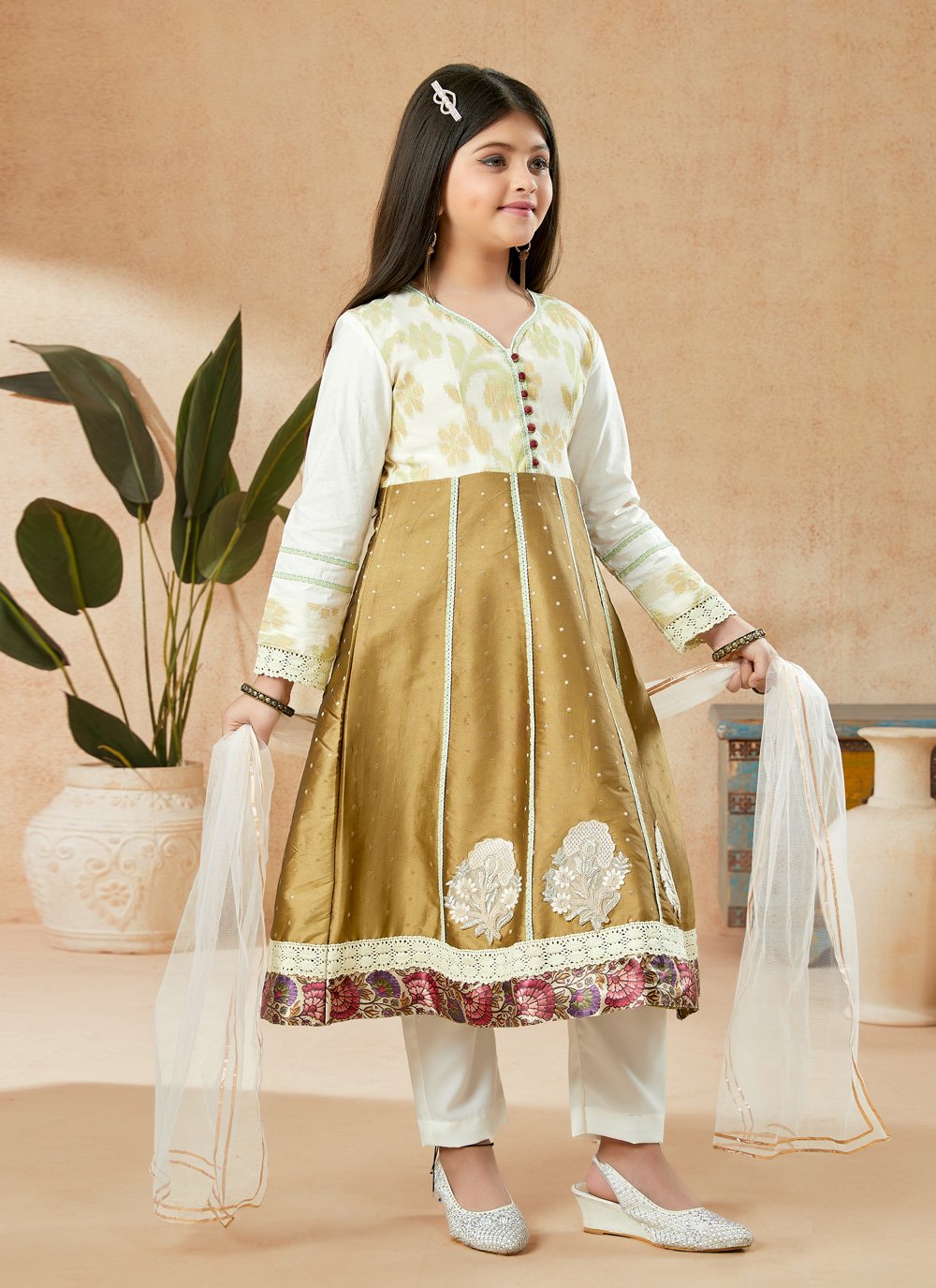 Anarkali Suit Handloom Silk Brown Embroidered Kids