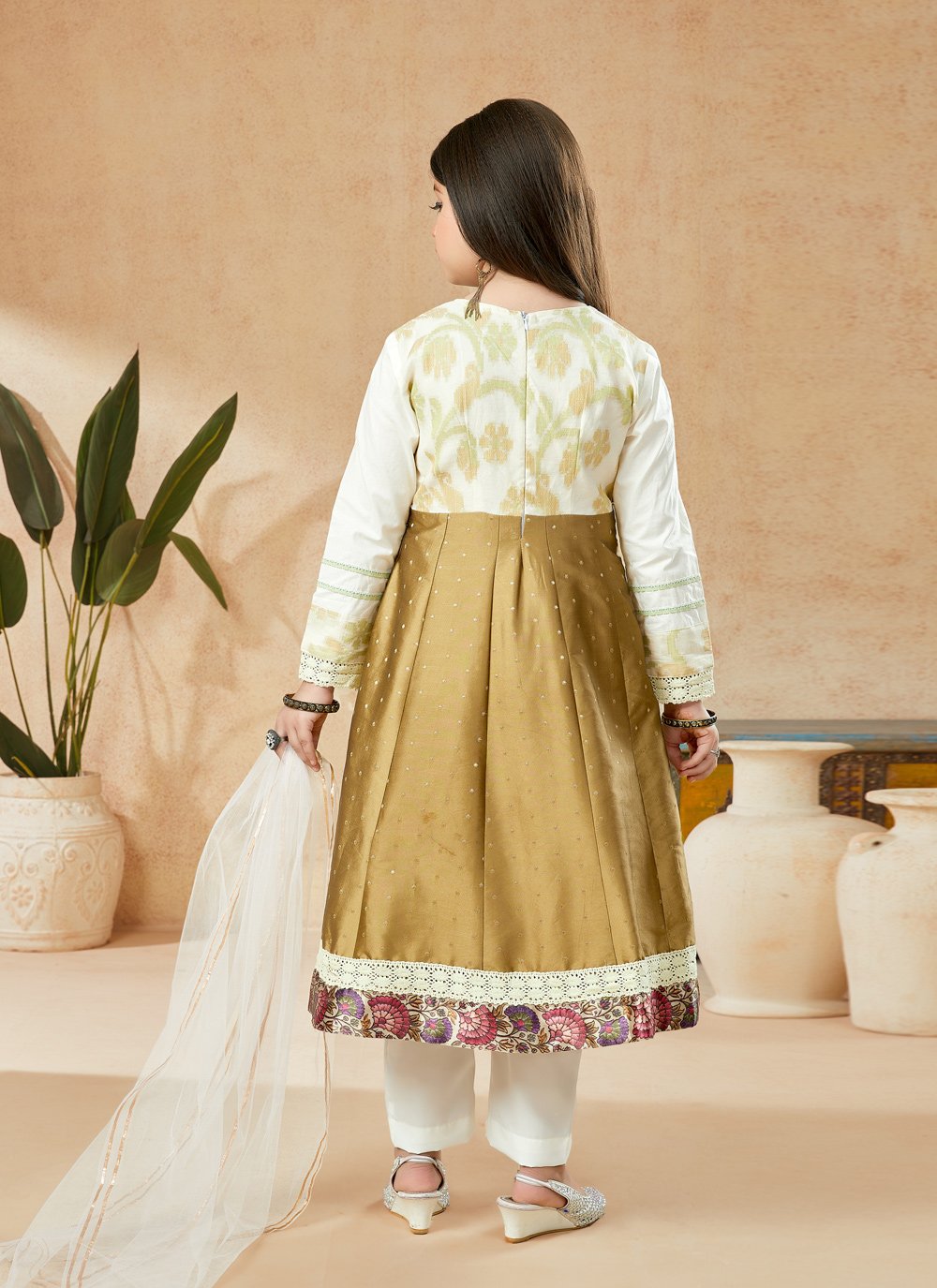 Anarkali Suit Handloom Silk Brown Embroidered Kids