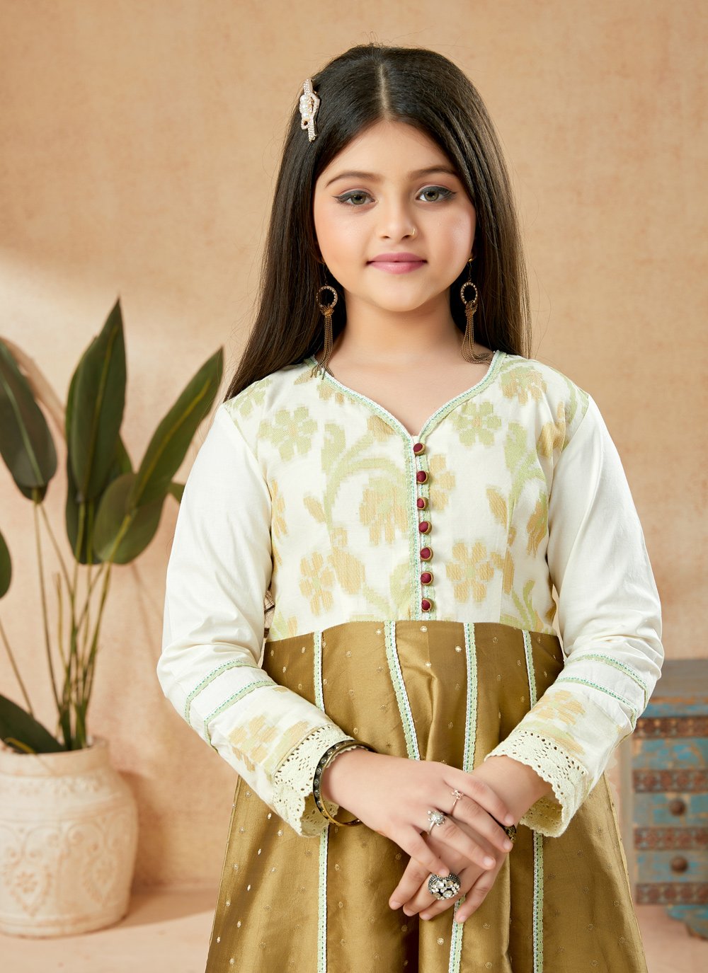 Anarkali Suit Handloom Silk Brown Embroidered Kids
