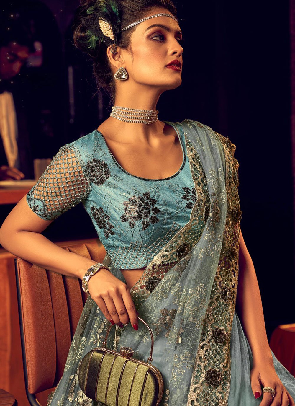 Contemporary Lycra Net Sea Green Embroidered Saree