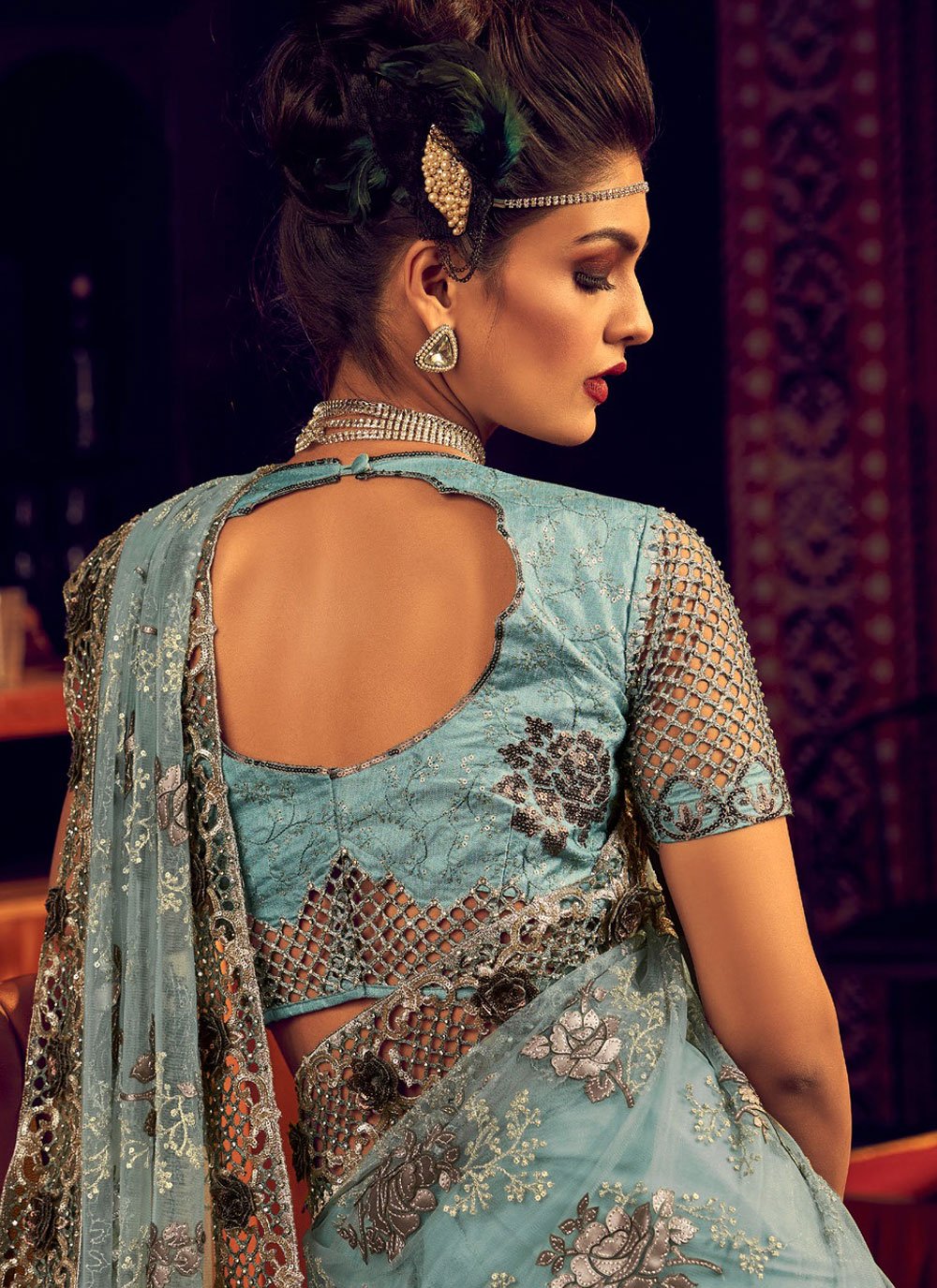 Contemporary Lycra Net Sea Green Embroidered Saree