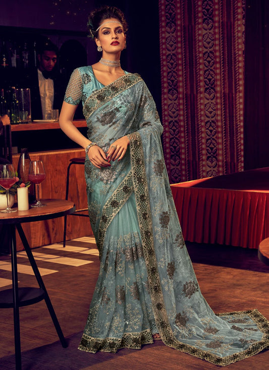 Contemporary Lycra Net Sea Green Embroidered Saree