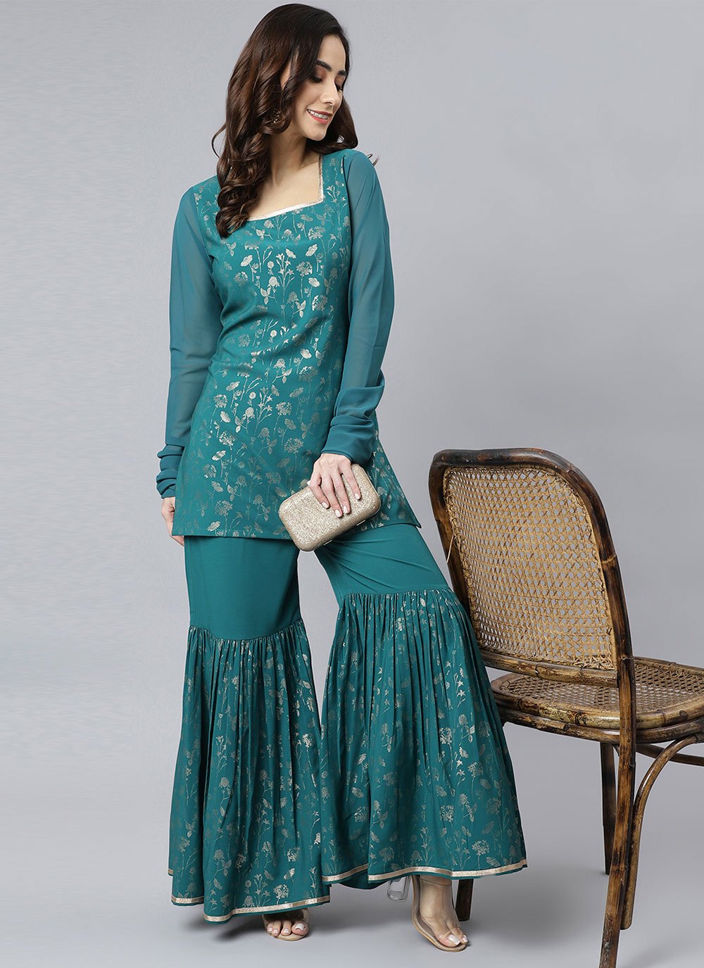 Salwar Suit Crepe Silk Teal Lace Salwar Kameez